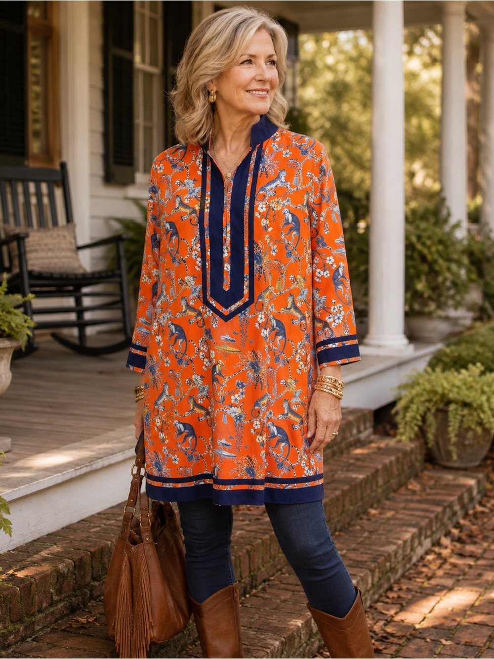 NWOT 3XL Nicoblu Capri Tunic in Whimsical Jungle Toile Orange & Blue